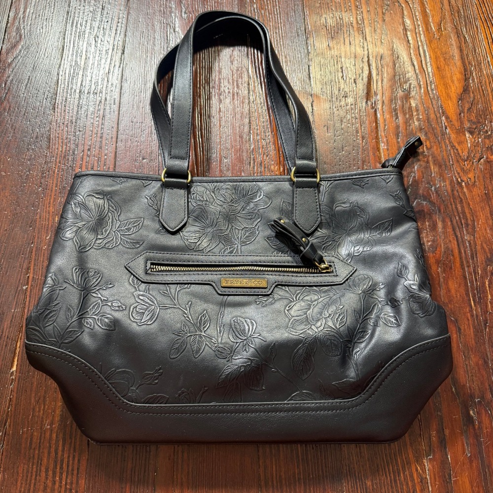Frye & Co‎ Tote Bag Purse Black Embossed Floral Rose Faux Leather Shoulder